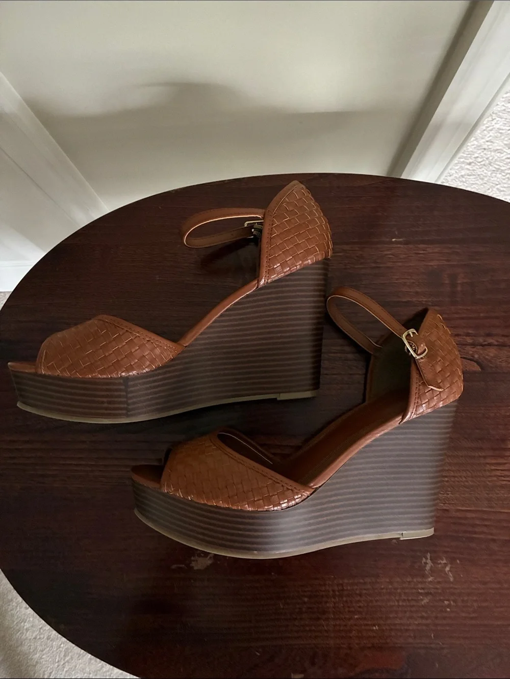 Banana Republic Tan Woven Peep-Toe Ankle-Strap Wedges